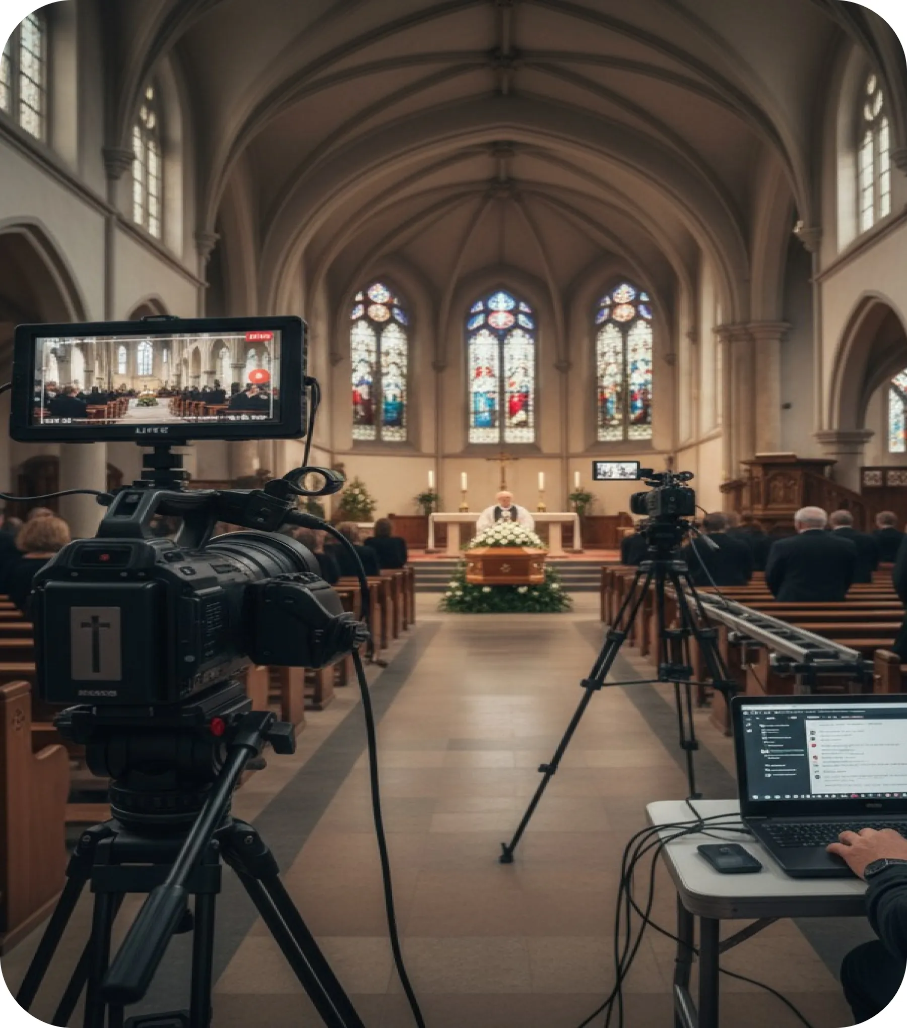 A funeral service being live streamed